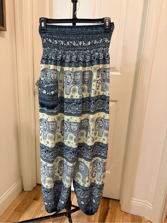 The Elephant Pants Pants - Boho Smocked-Waist Elephant Print Harem Pants - Blue Cream